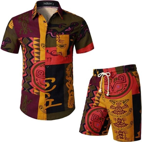 Other - Men's Summer 2 Piece Set Cotton Linen Ethnic Style Printed Outfit with Pockets